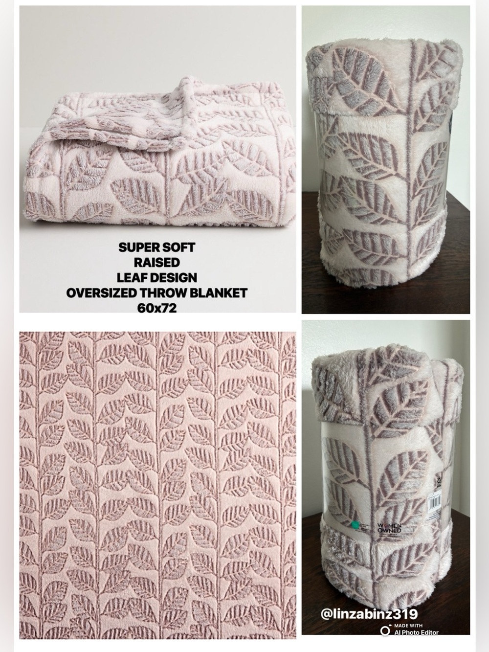 NWT- Gorgeous Super Soft- Plush Textured Leaf- Oversized Throw Blanket- 60x72